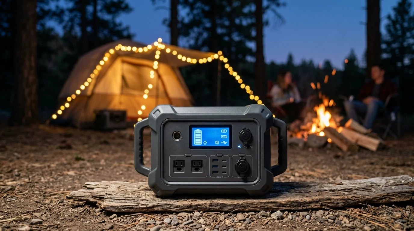 Estación de energía portátil en uso en campamento y respaldo de emergencia